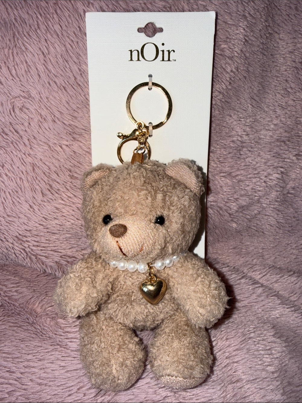 🐻 nOir Beige Plush Teddy Bear Key & Bag Charm with Pearl Heart Charm